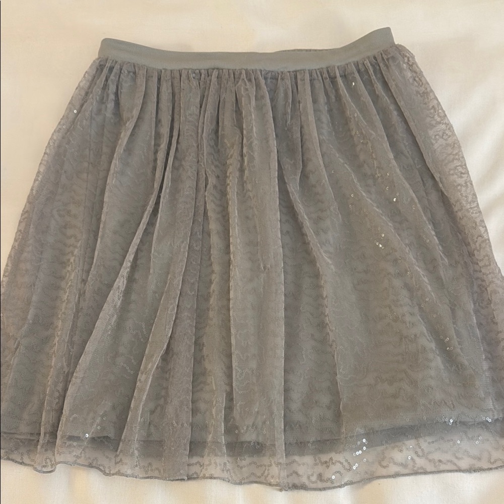 Gray Knee-Length Sequined Skater Skirt with Pleated High-Low Design